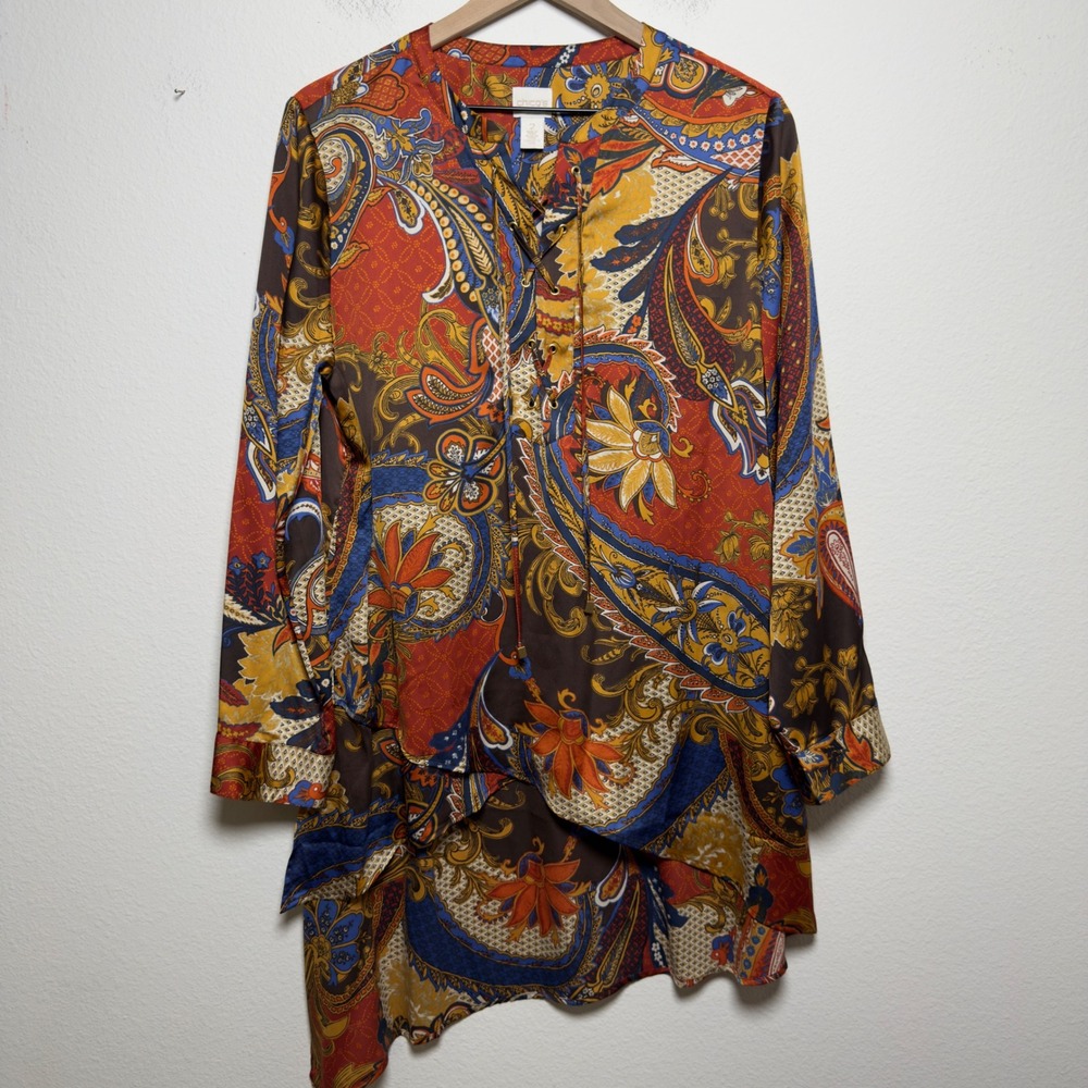 Chico's Women Tunic Top Large Multicolor Paisley Lace Up  Asymmetrical Lagenlook